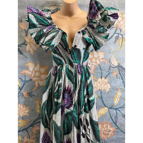 Anthropologie SIKA Off-The-Shoulder Ruffle Printed Maxi Dress Size 0 - Picture 7 of 10